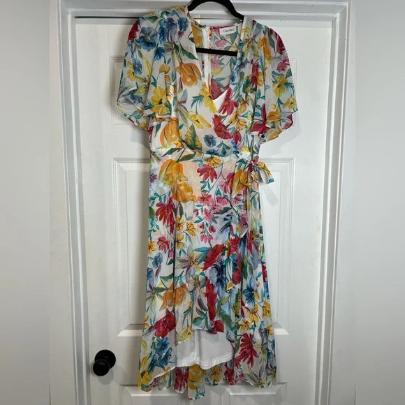 Calvin Klein White Floral Wrap Dress with Red, Yellow & Blue Blooms - Picture 2 of 5